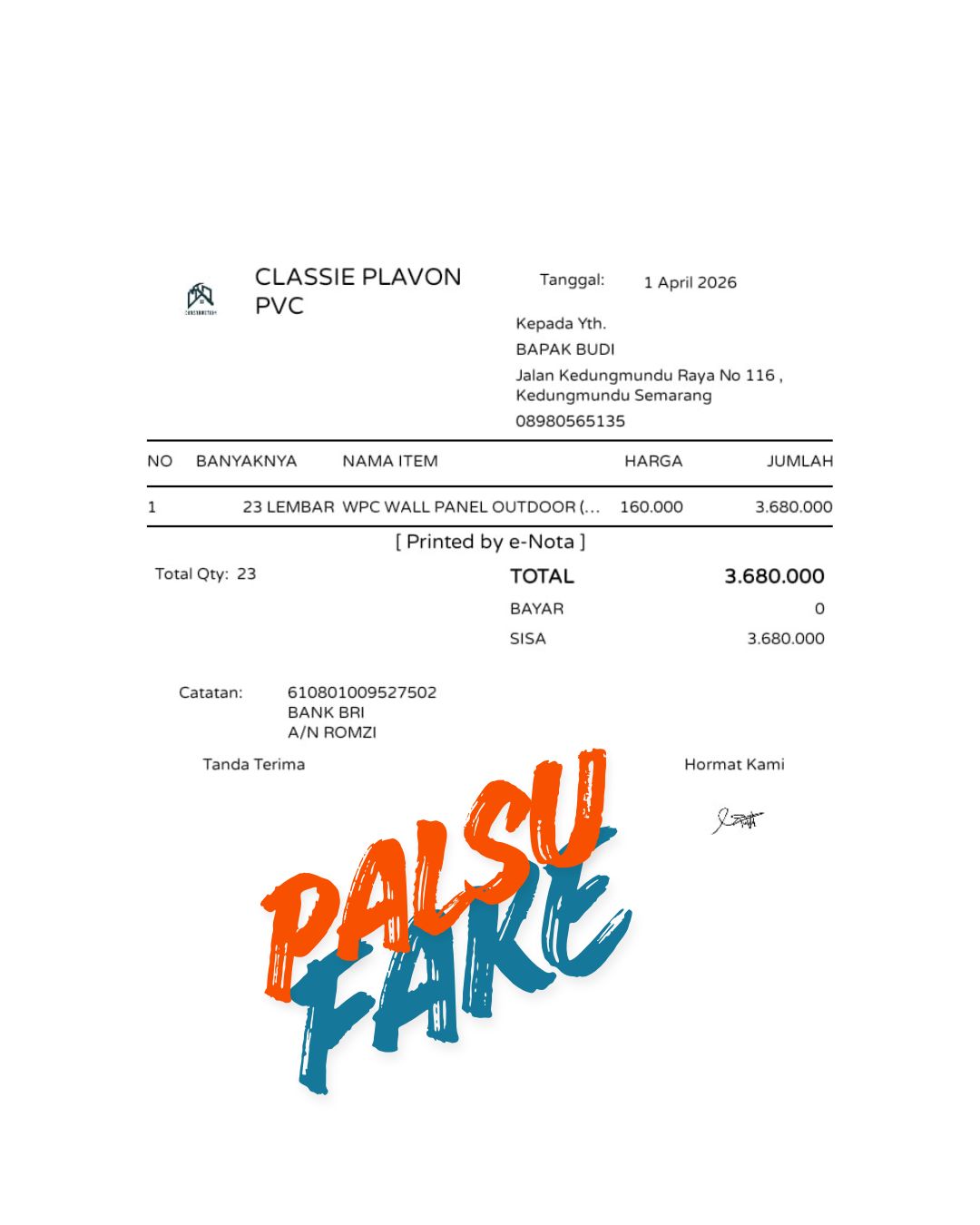 WASPADA PENIPUAN MENGATASNAMAKAN CLASSIE PLAFON PVC  PLAFONPVC-SEMARANG.COM